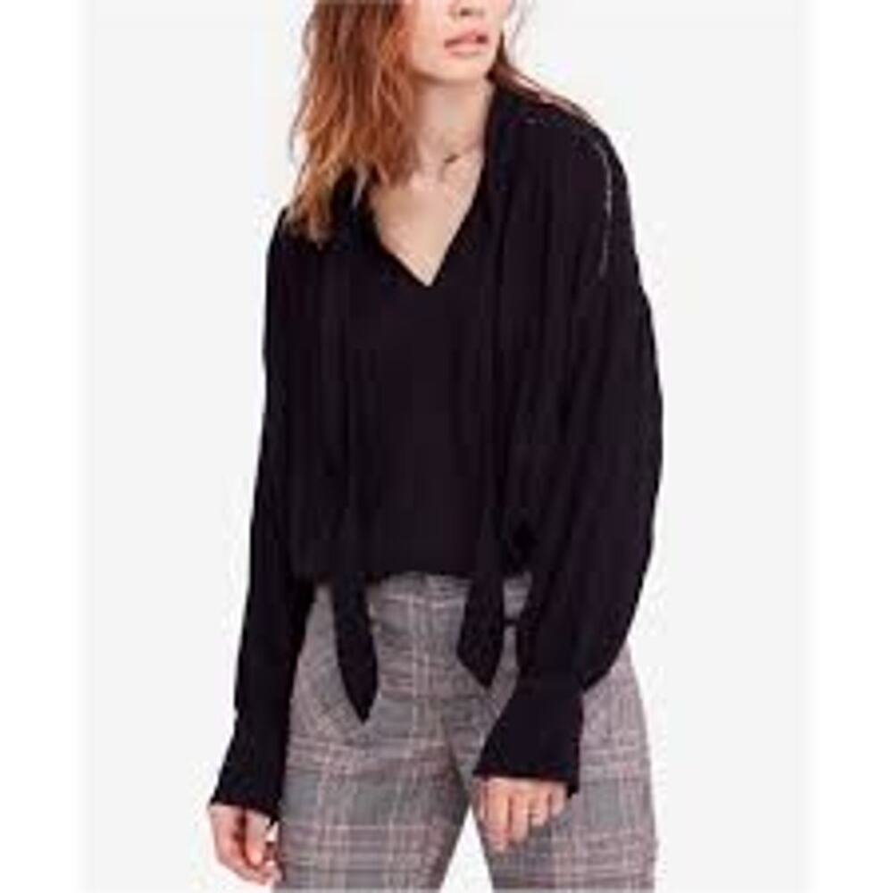 Free People Gauzy Dark Romantic Blouse Black Tie Neck Embroidered Women Medium